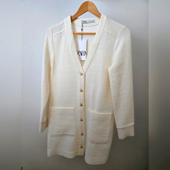 Zara White Tweed Sweater Long sleeve Dress - Picture 1 of 7